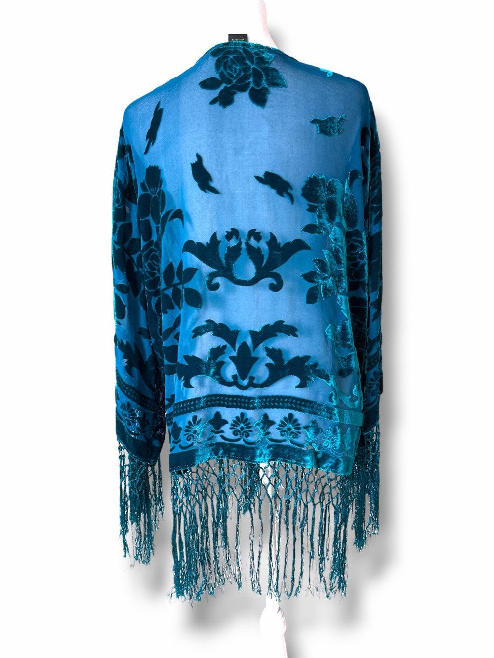 Maya Boutique Turquoise Teal Silk Burnout Velvet Kimono MSRP $400 - Picture 5 of 16